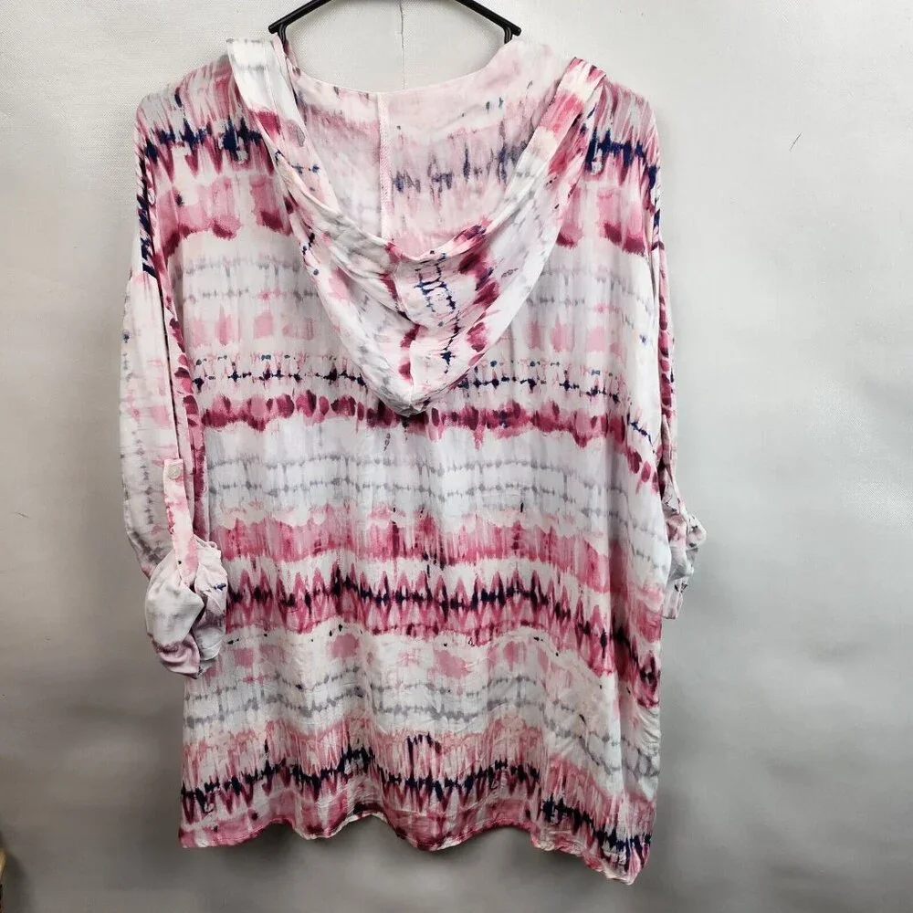 Fate Womens Oversized Hippie Hoodie Small Pink White Tie Dye‎ Button Hem